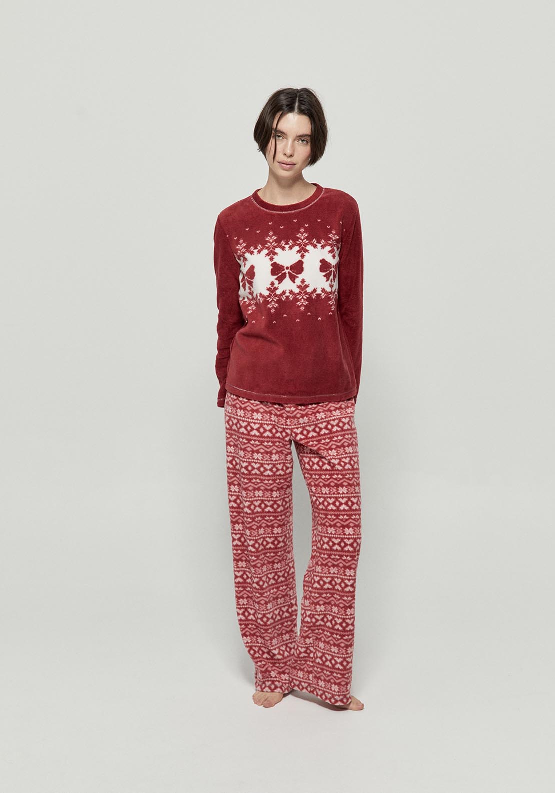 Sfera Fleece Pyjamas With Bows - Red 1 Shaws Department Stores