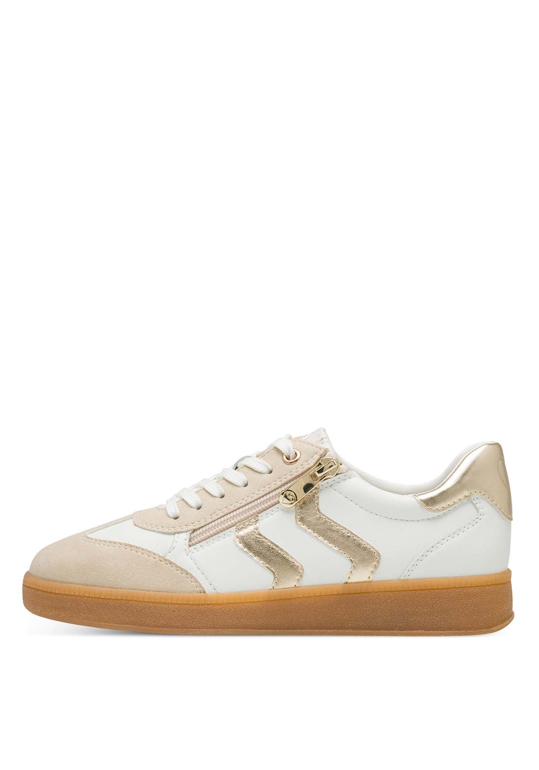 Marco Tozzi 2 Side Stripe Zip Trainer - White / Gold 2 Shaws Department Stores