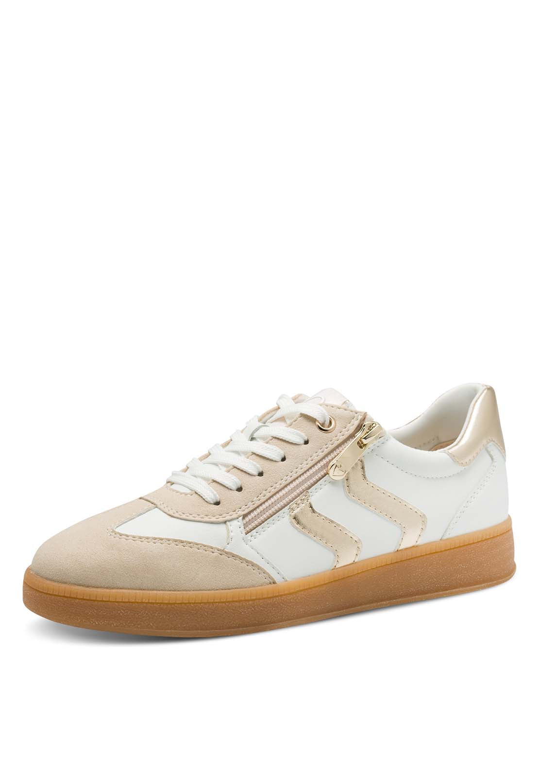 Marco Tozzi 2 Side Stripe Zip Trainer - White / Gold 1 Shaws Department Stores
