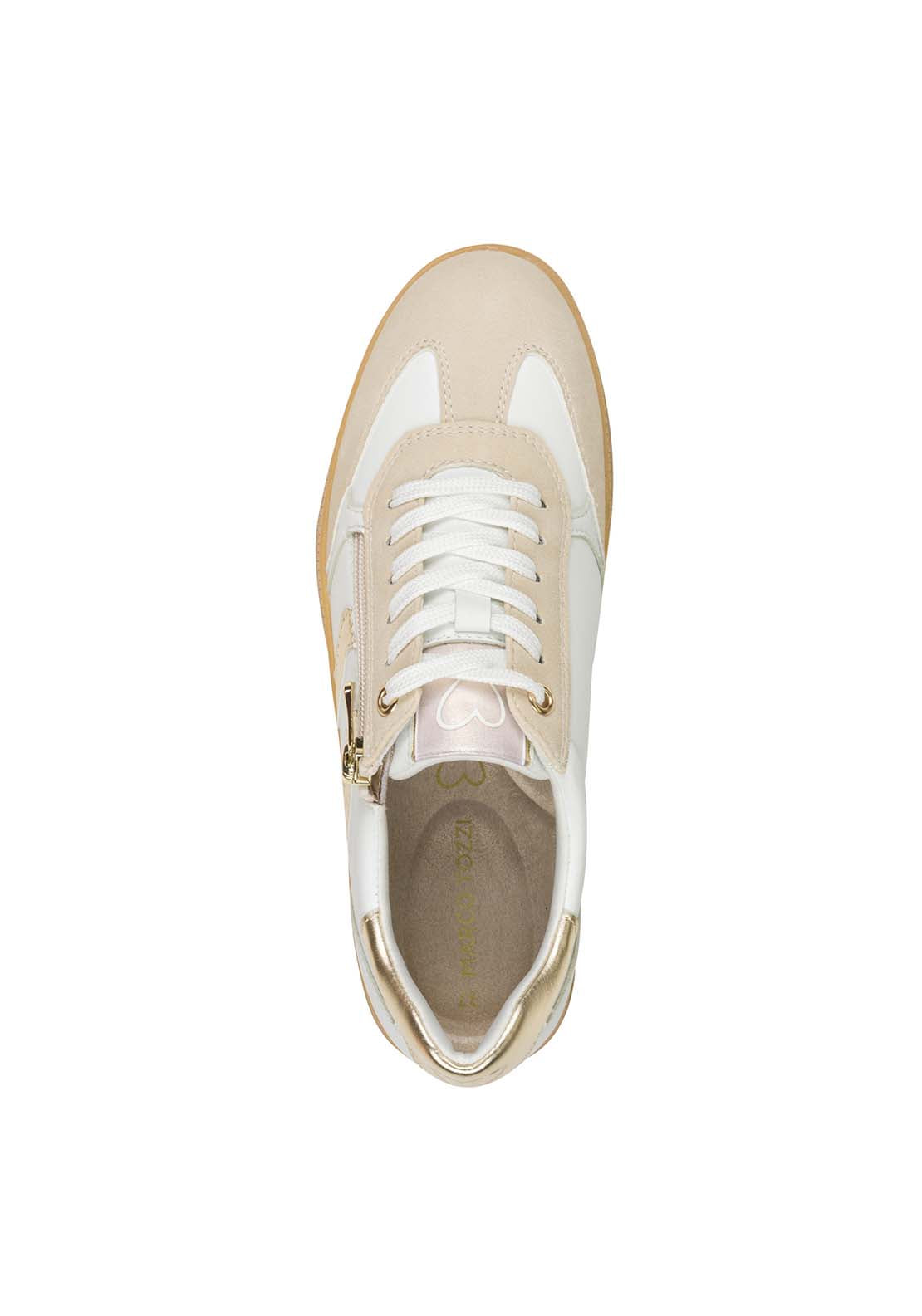 Marco Tozzi 2 Side Stripe Zip Trainer - White / Gold 3 Shaws Department Stores