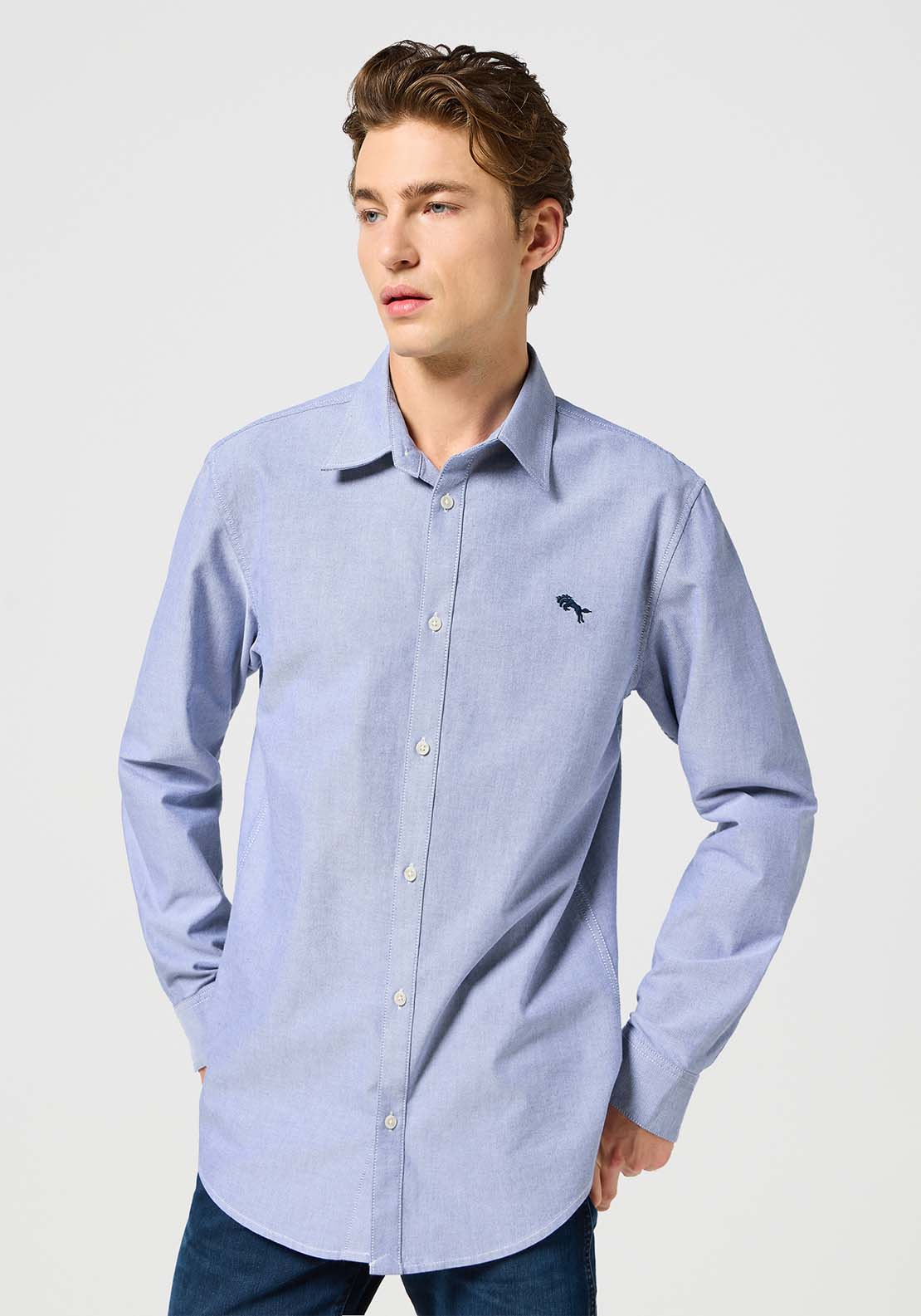 Wrangler Long Sleeve Chambray Plain Shirt - Blue 1 Shaws Department Stores
