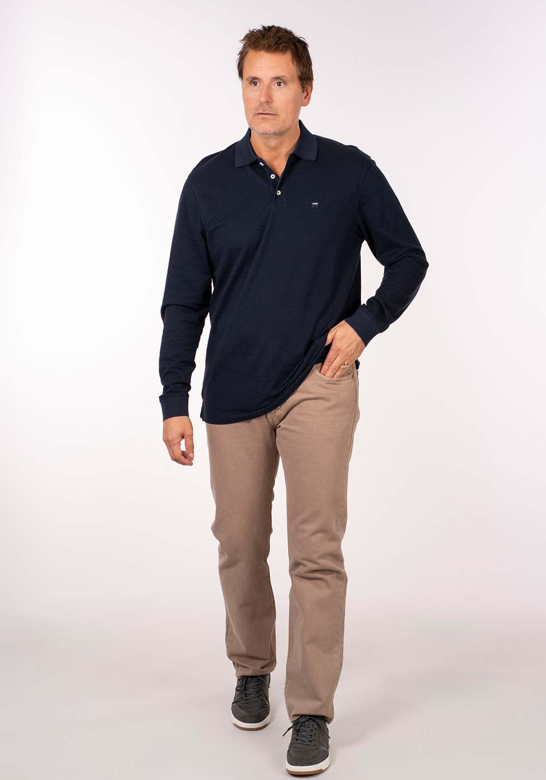 Wrangler Long Sleeve Pique Polo - Navy 4 Shaws Department Stores