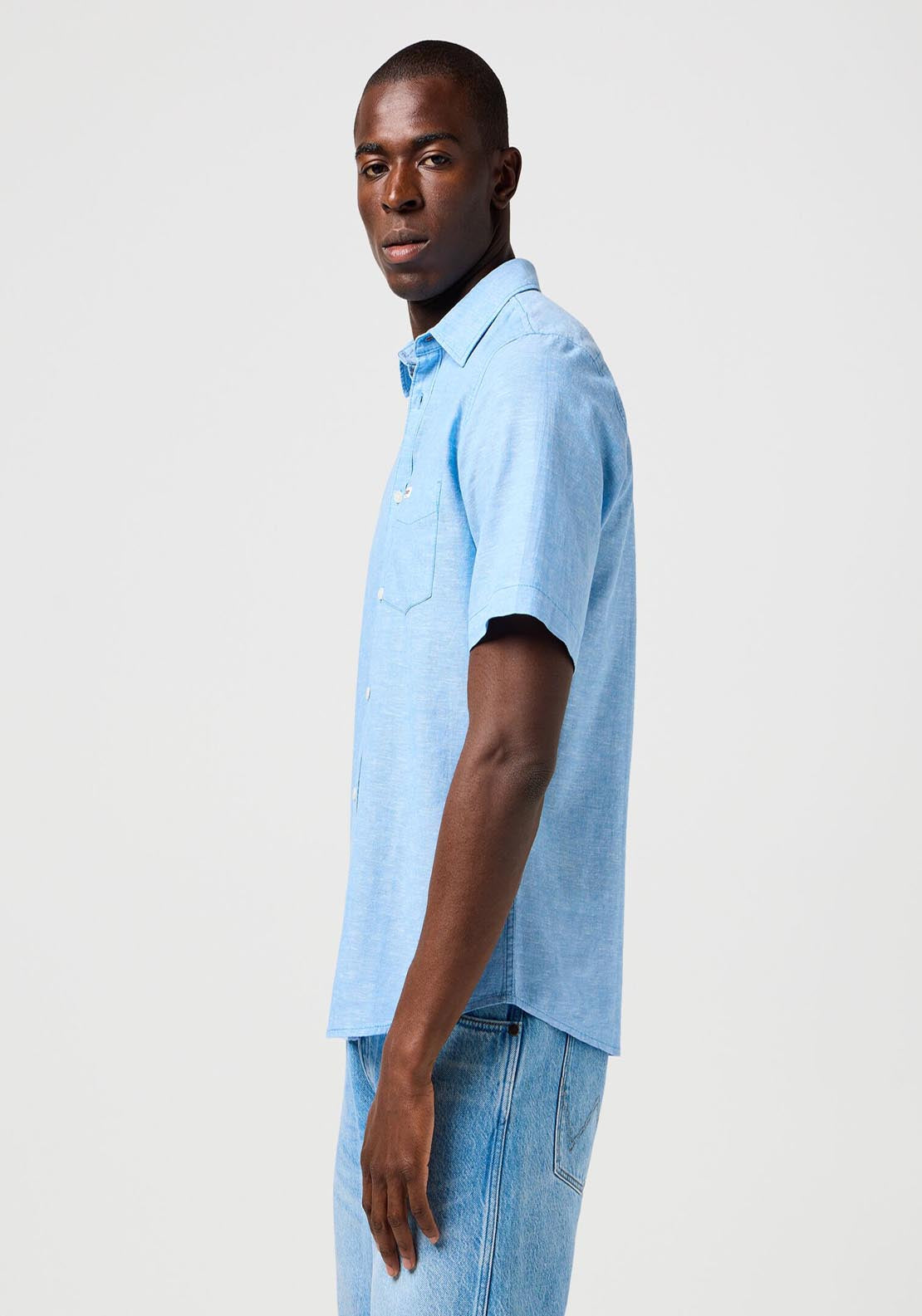 Wrangler Short Sleeve Linen Shirt - Pacfic Blue 3 Shaws Department Stores