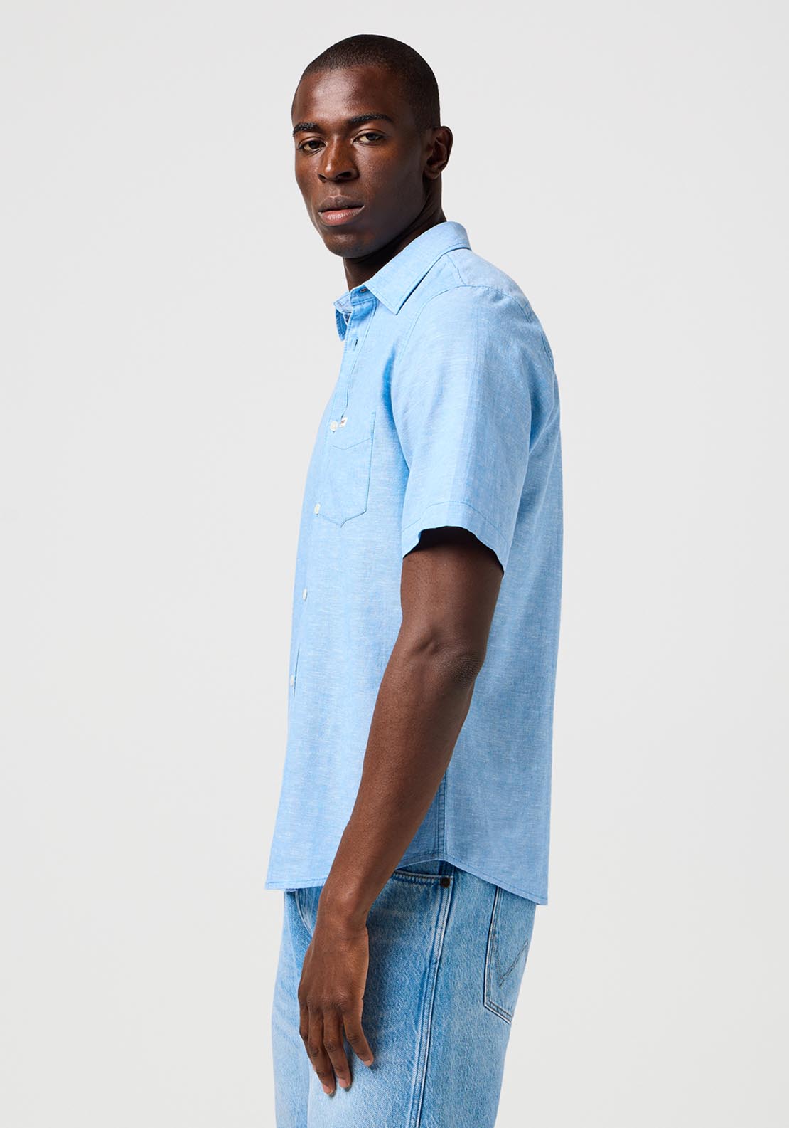 Wrangler Short Sleeve Linen Shirt - Pacfic Blue 3 Shaws Department Stores
