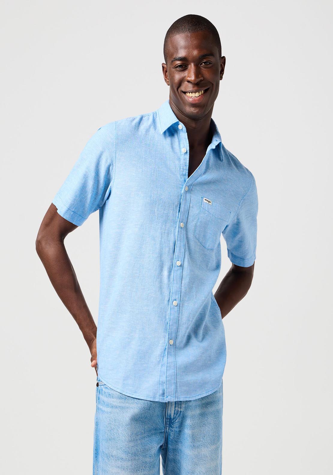 Wrangler Short Sleeve Linen Shirt - Pacfic Blue 1 Shaws Department Stores