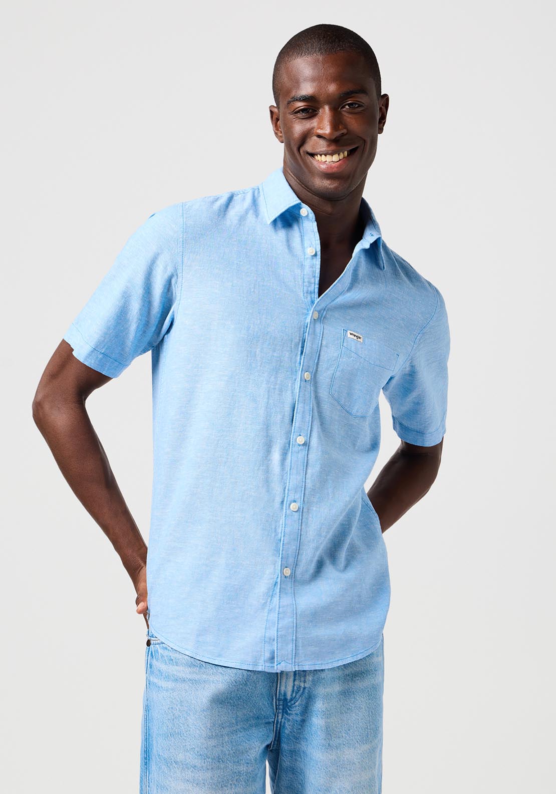 Wrangler Short Sleeve Linen Shirt - Pacfic Blue 1 Shaws Department Stores