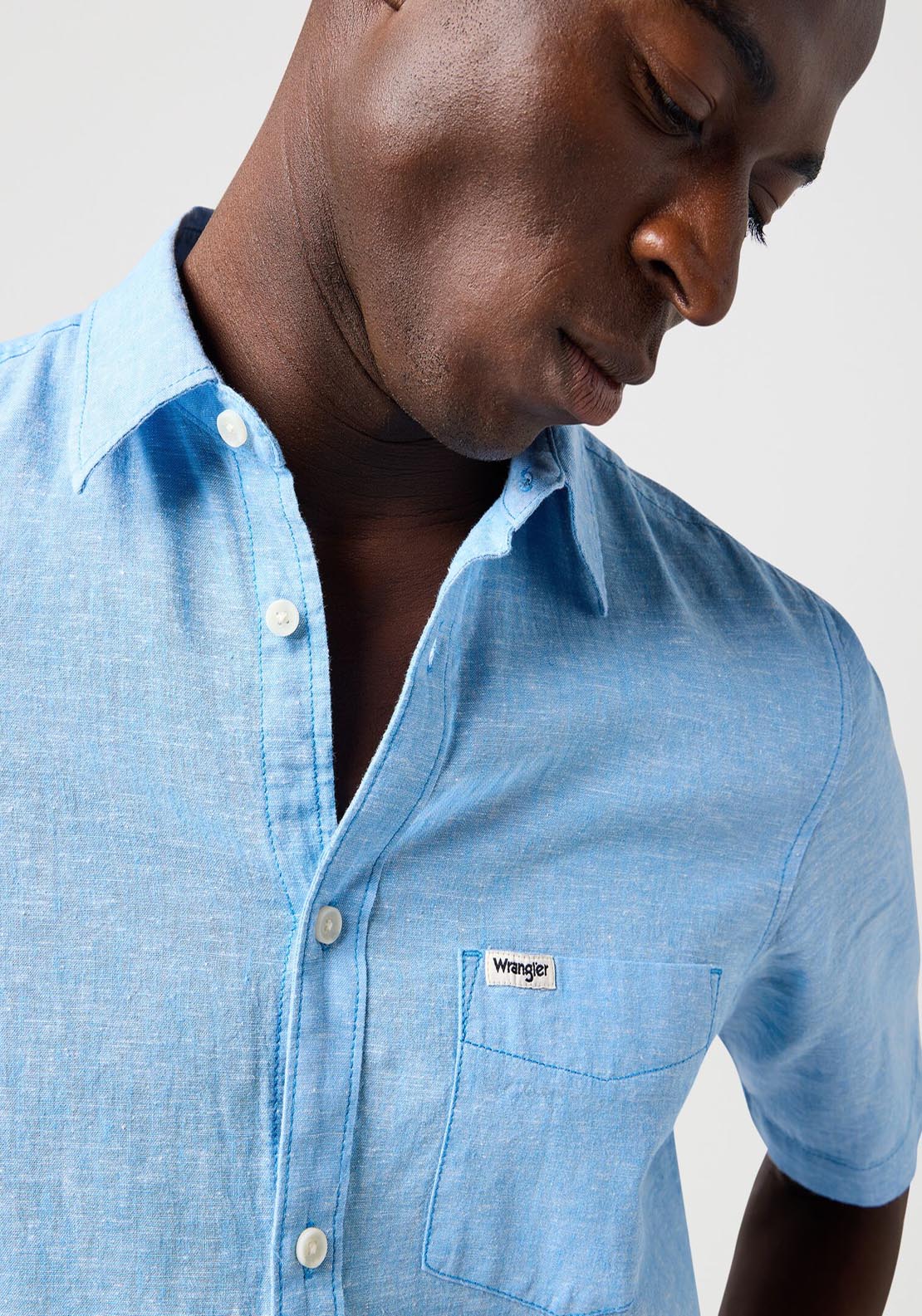Wrangler Short Sleeve Linen Shirt - Pacfic Blue 4 Shaws Department Stores