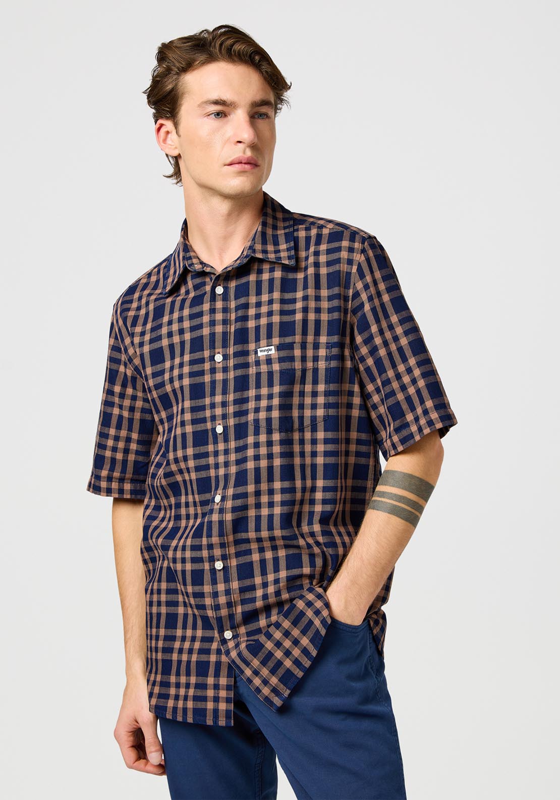 Wrangler Short Sleeve Check Shirt - Raw Umber Indigo 1 Shaws Department Stores