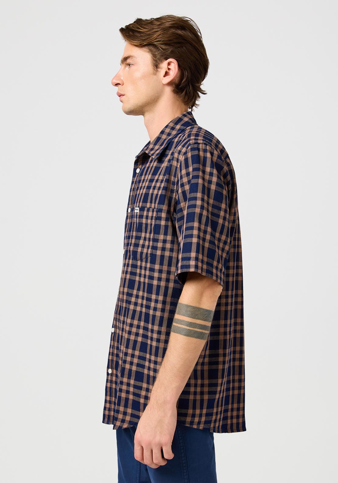 Wrangler Short Sleeve Check Shirt - Raw Umber Indigo 3 Shaws Department Stores