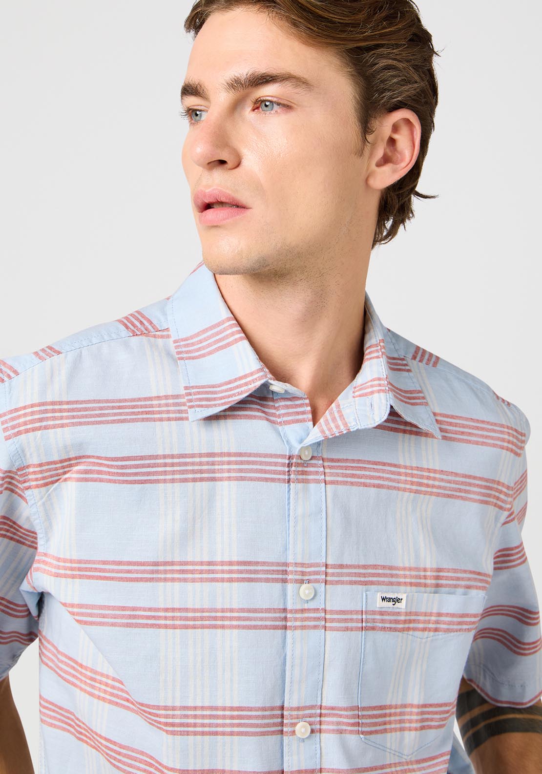 Wrangler Short Sleeve Stripe Shirt - Niagara Mist 4 Shaws Department Stores