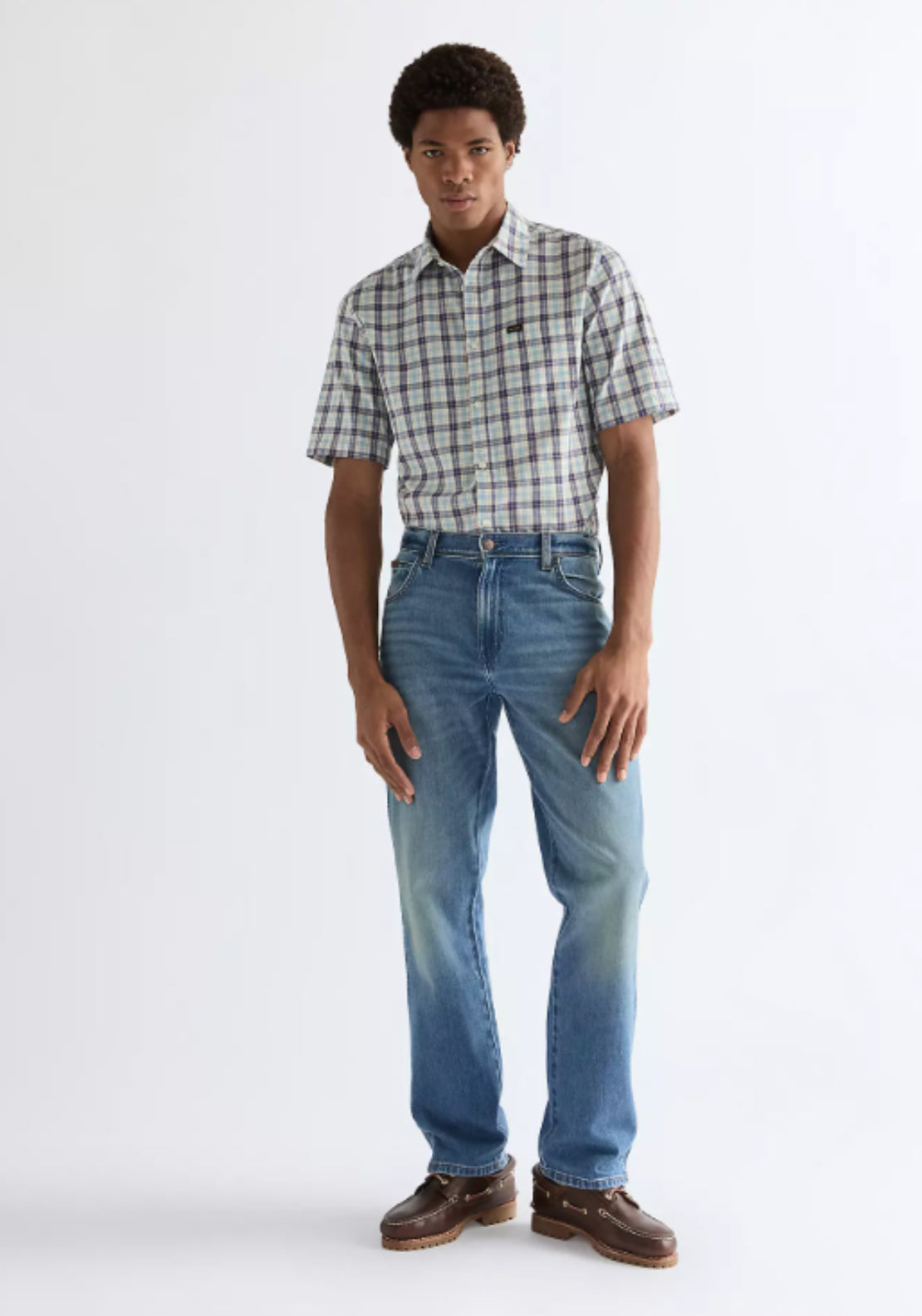 Wrangler 100% Cotton Short Sleeve One Pocket Check Shirt - Forget Me Not 5 Shaws Department Stores