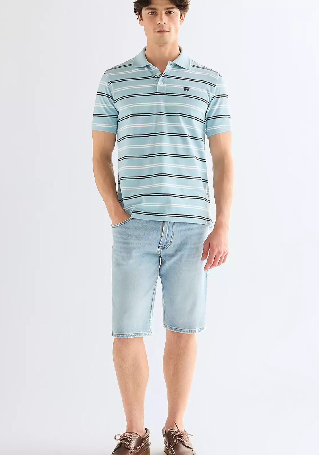 Wrangler 100% Cotton Regular Stripe Polo Shirt - Forget Me Not 5 Shaws Department Stores