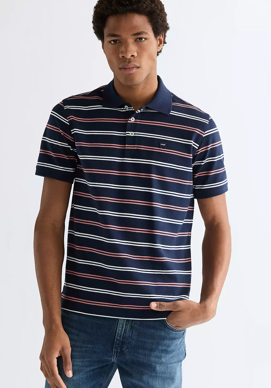 Wrangler 100% Cotton Regular Stripe Polo Shirt - Navy 1 Shaws Department Stores