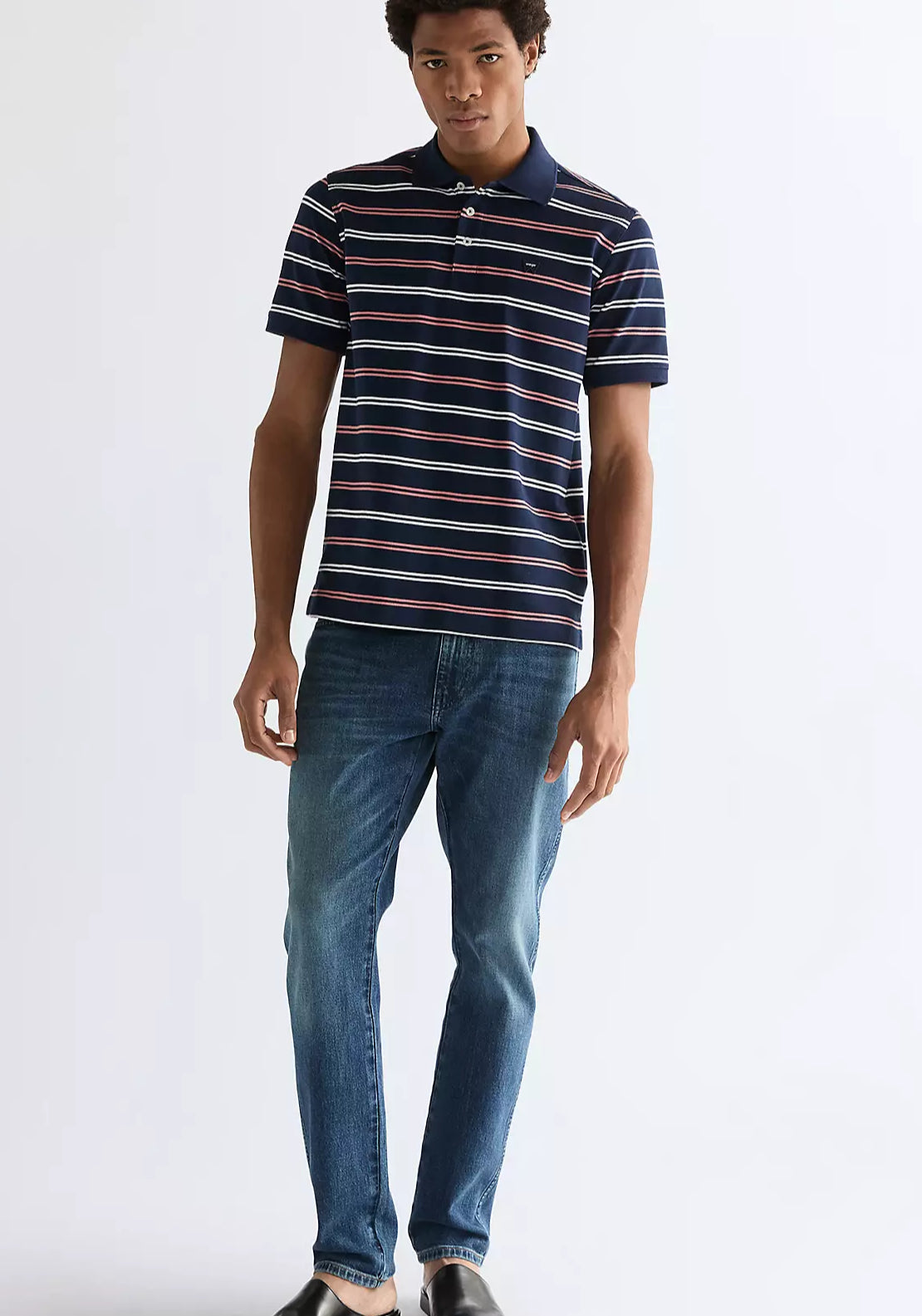 Wrangler 100% Cotton Regular Stripe Polo Shirt - Navy 5 Shaws Department Stores