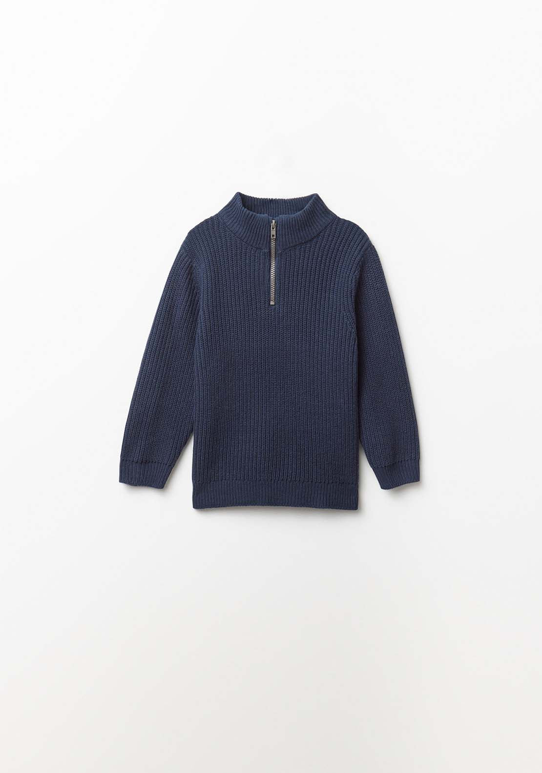 Ribbed Zip Neck Sweater - Blue