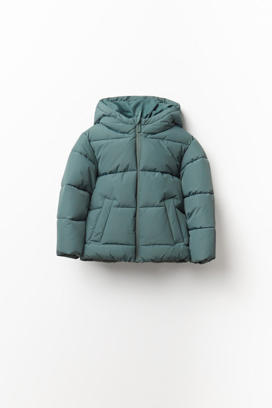 Plain Puffer Jacket With Hood - Green