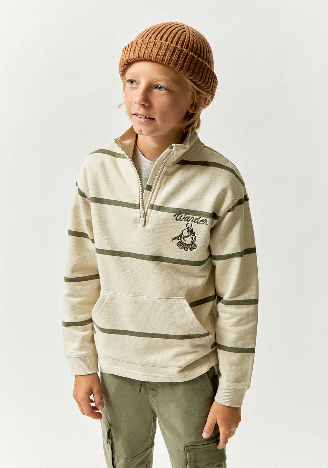 Striped Sweatshirt With Zipped Funnel Neck & Embroidery Detail - Cream