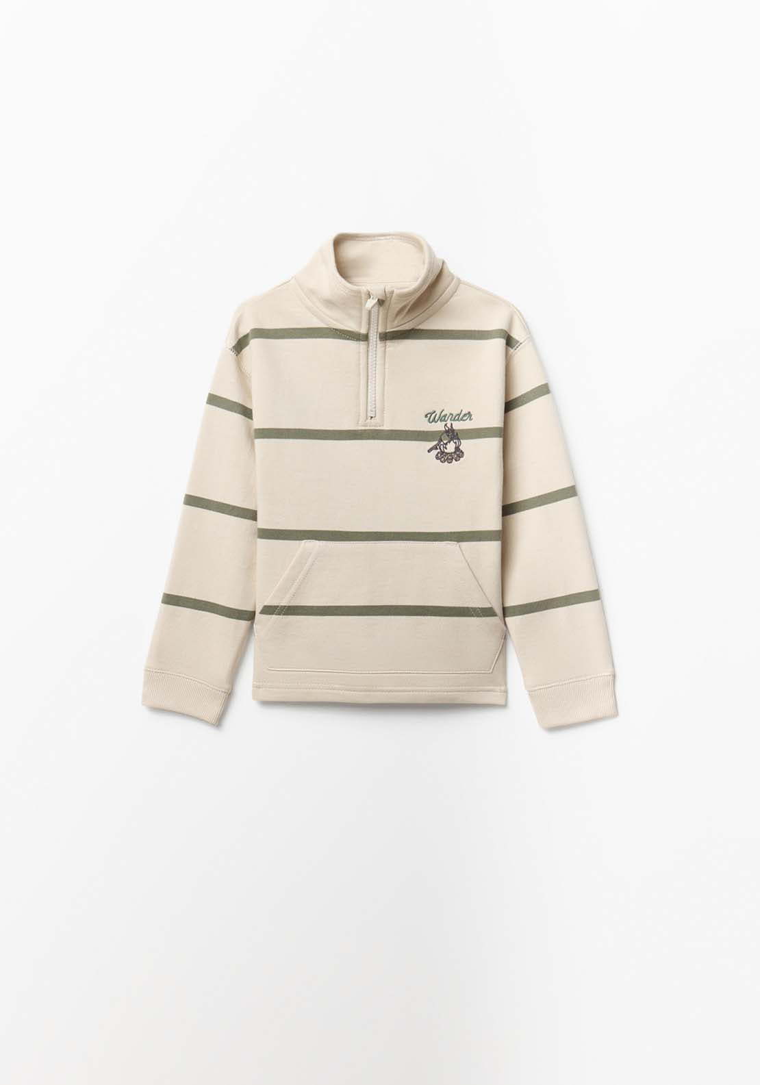 Striped Sweatshirt With Zipped Funnel Neck & Embroidery Detail - Cream