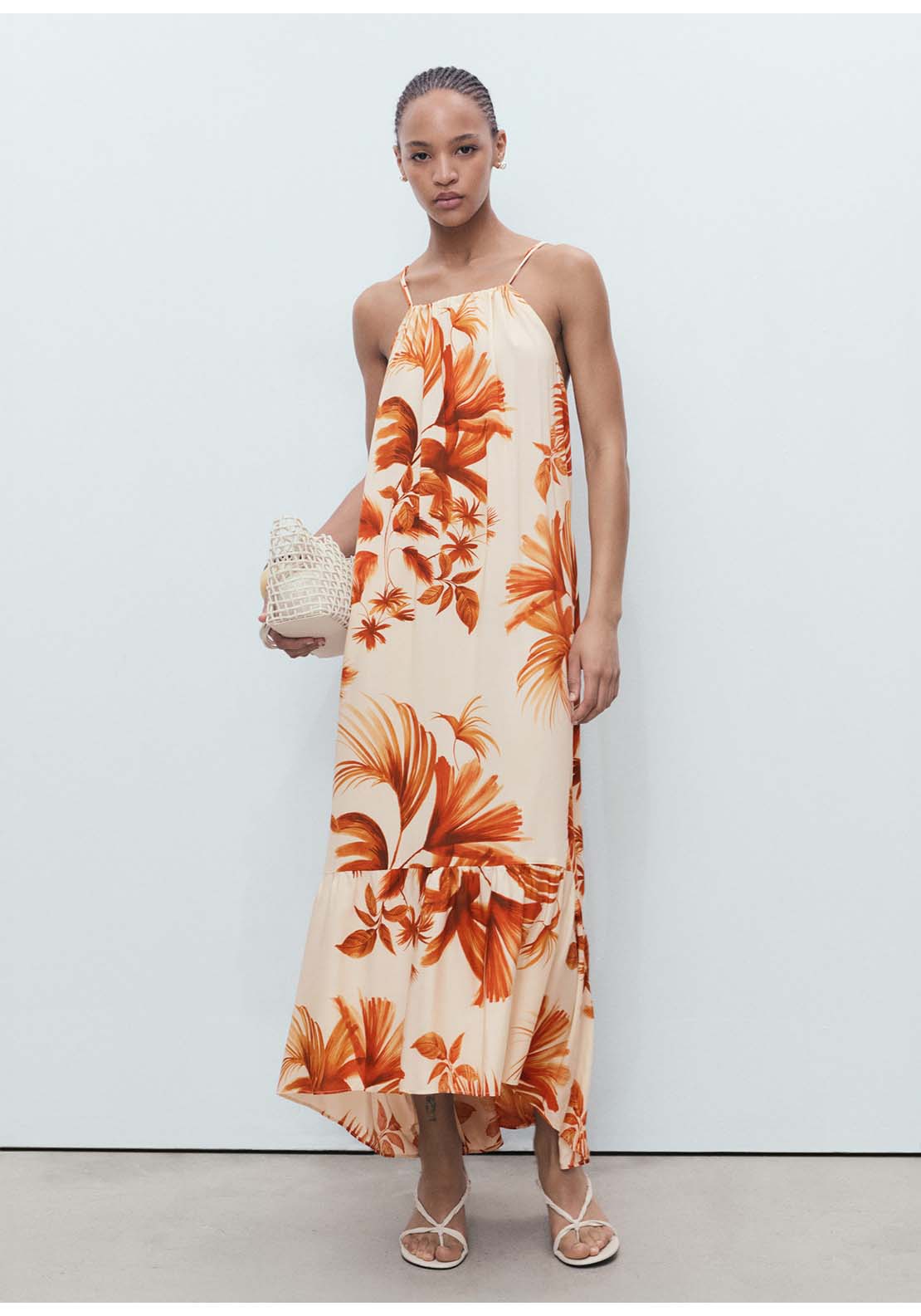 Palm Tree Print Halter Dress - Brown