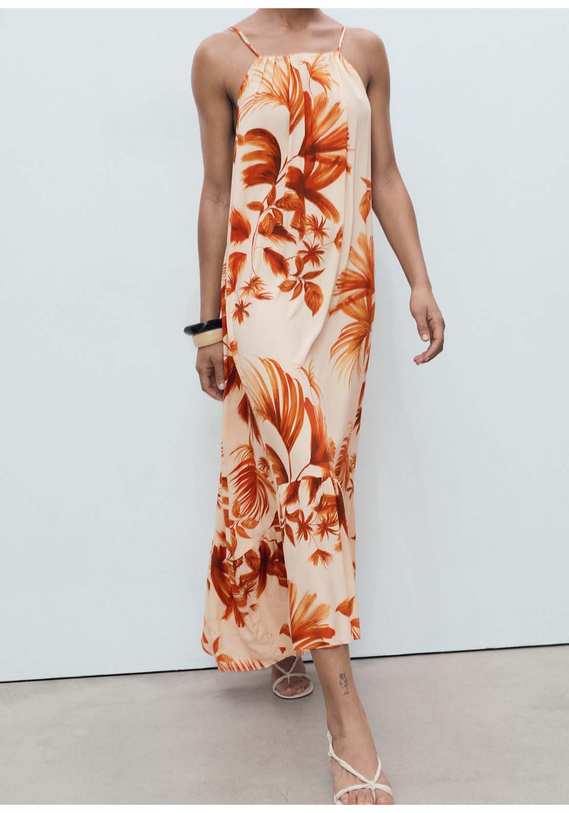 Palm Tree Print Halter Dress - Brown