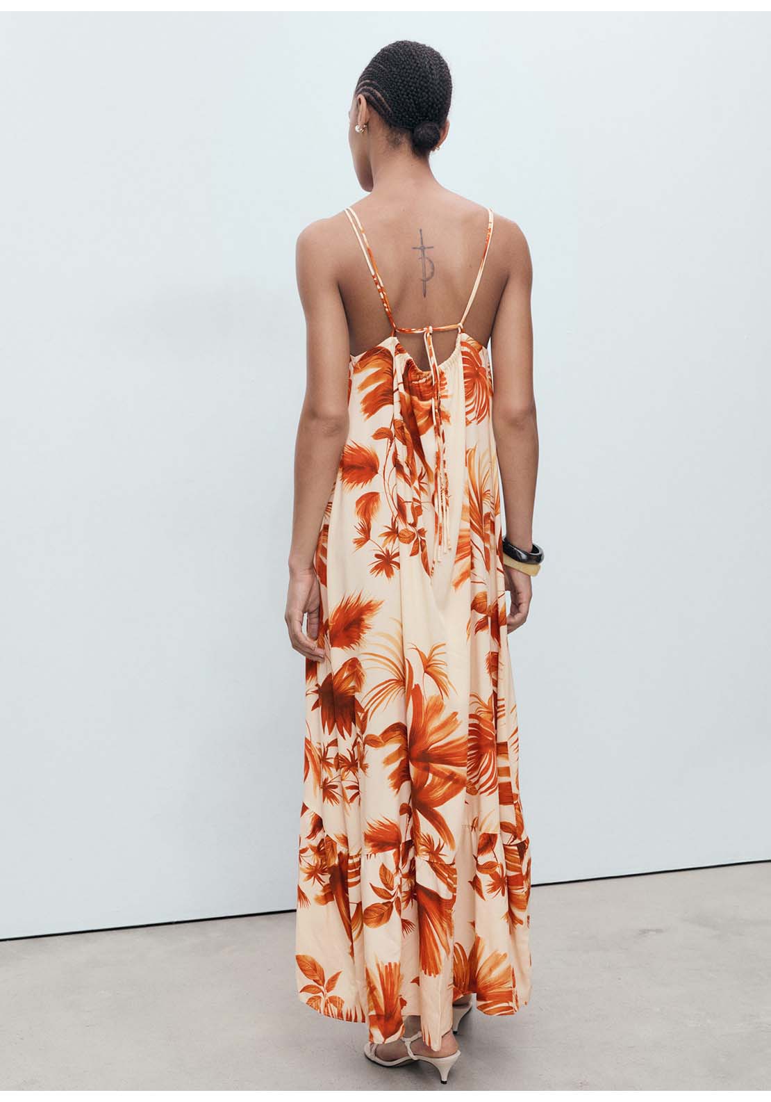 Palm Tree Print Halter Dress - Brown