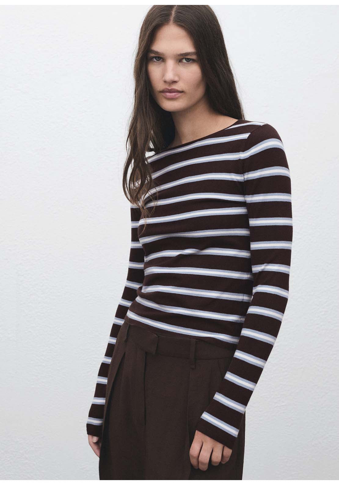 Striped Fine Knit Sweater - Brown