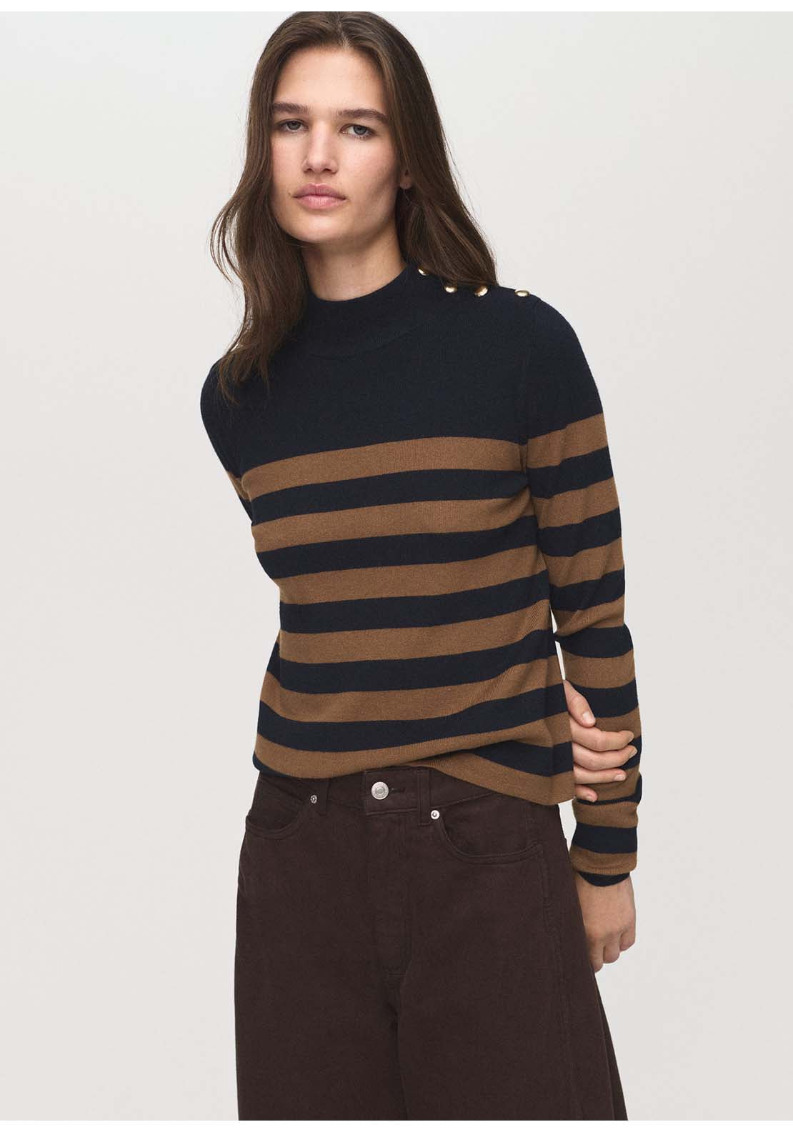 Perkins Neck Sweater With Button - Brown