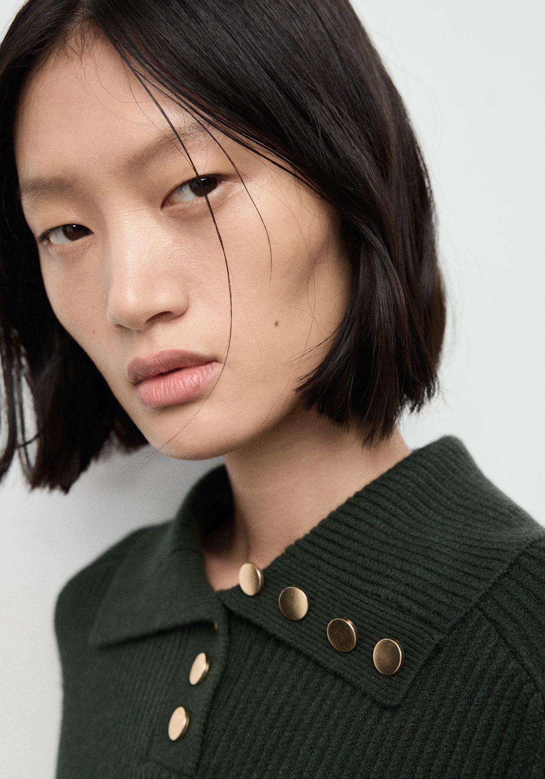Ribbed Polo Neck Sweater With Buttons - Green