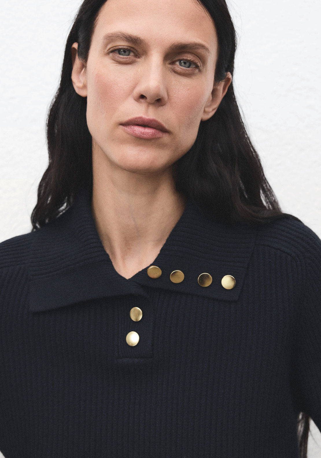 Ribbed Polo Neck Sweater With Buttons - Blue
