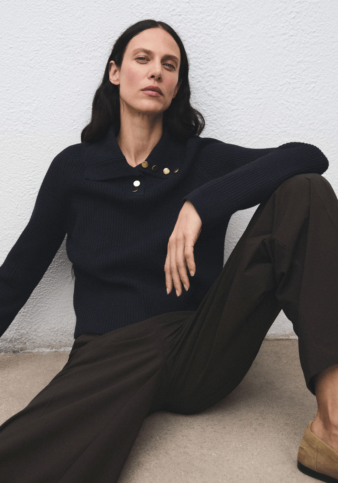 Ribbed Polo Neck Sweater With Buttons - Blue