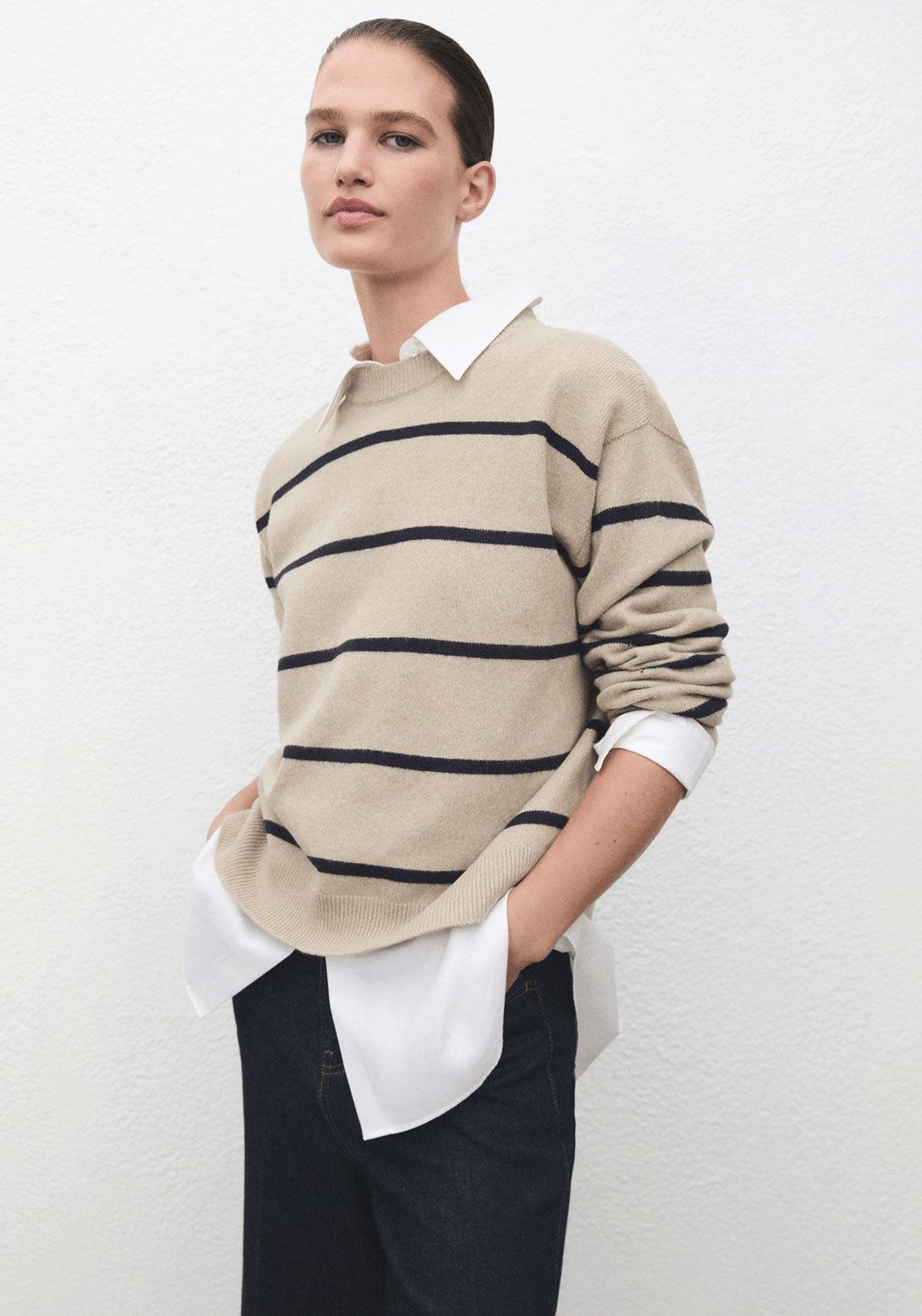 Knit Striped Sweater - Beige