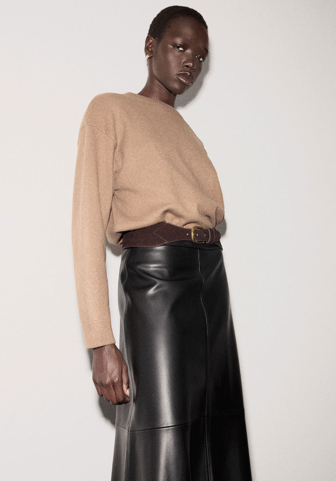 Ribbed Trims Knitted Sweater - Beige