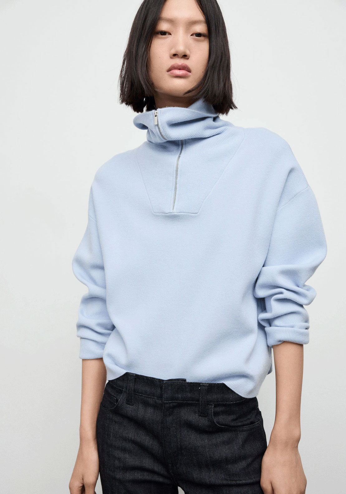 Knitted Fabric Sweater With Zip - Blue
