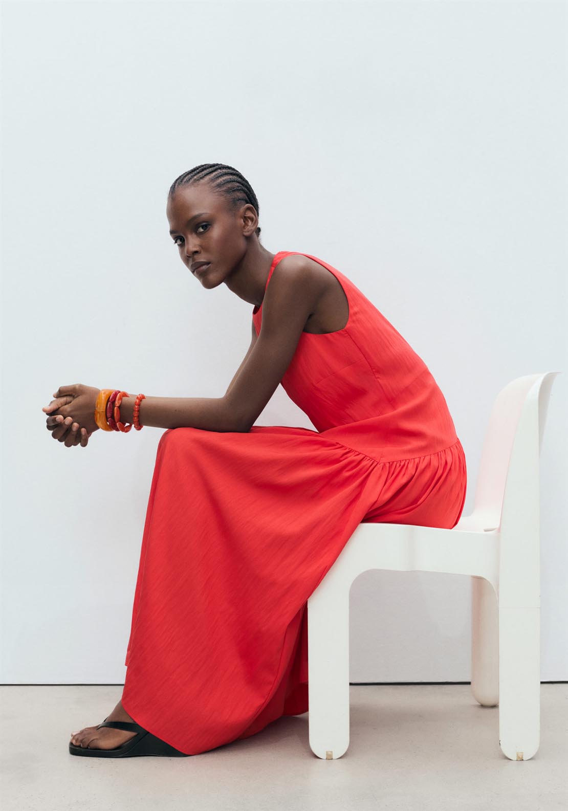 Mango Long Dress With Gathered Hem - Bright Red 5 Shaws Department Stores