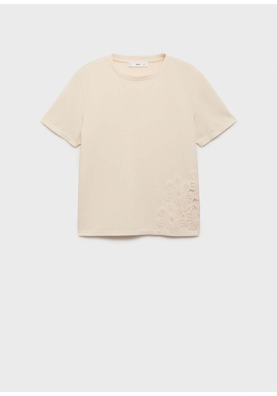 Floral Embroidered Cotton T-Shirt - Beige