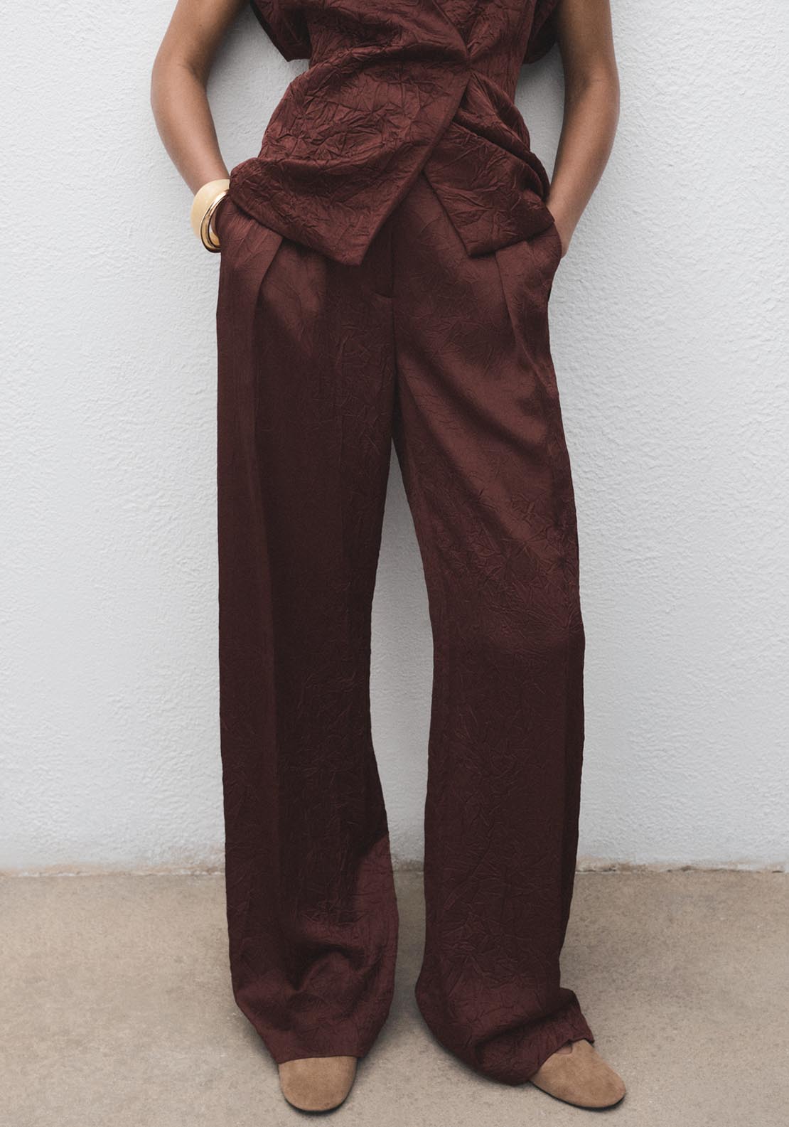 Mango Straight Leg Crinkled Effect Trousers - Brown 1 Shaws Department Stores