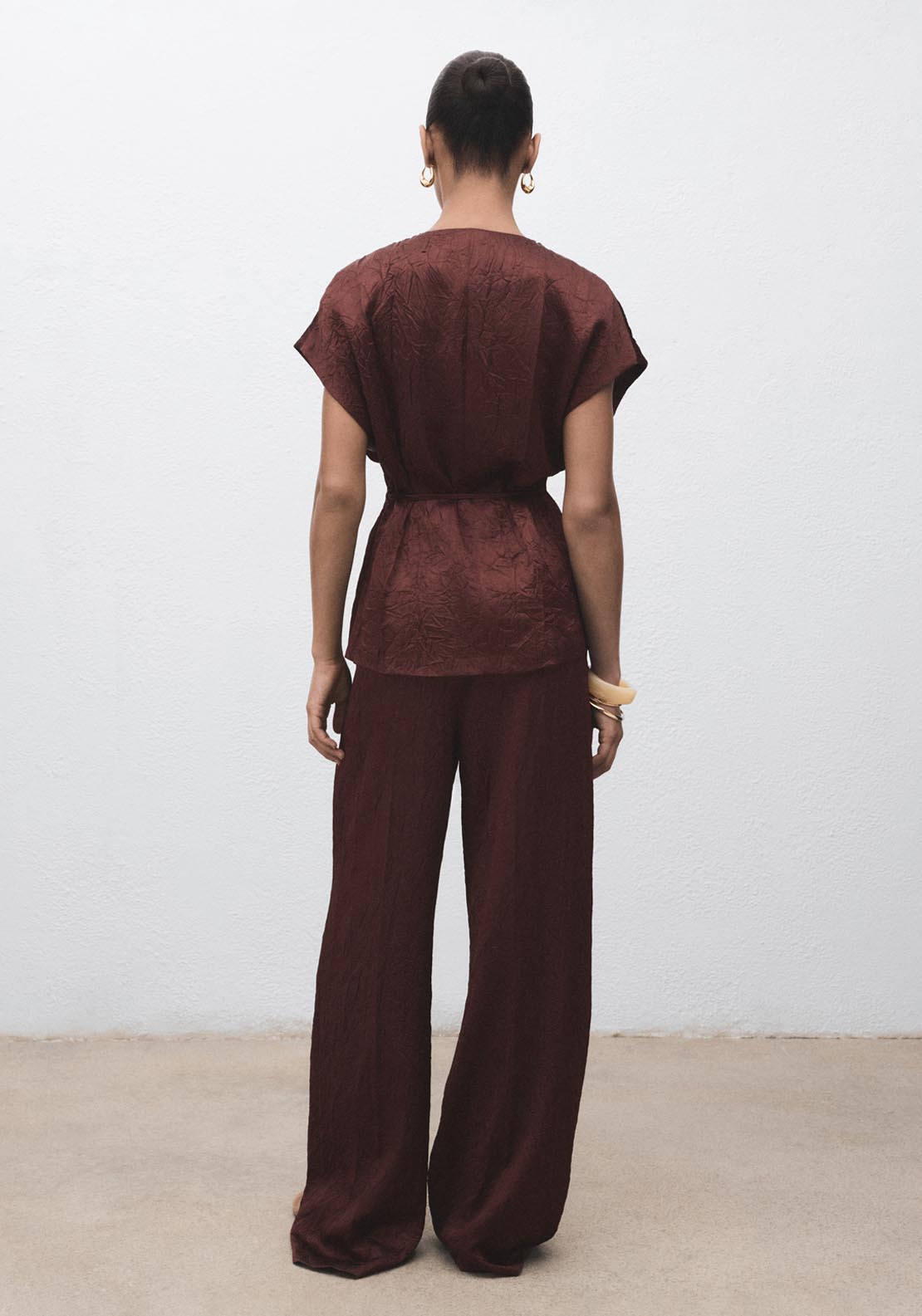 Mango Straight Leg Crinkled Effect Trousers - Brown 2 Shaws Department Stores