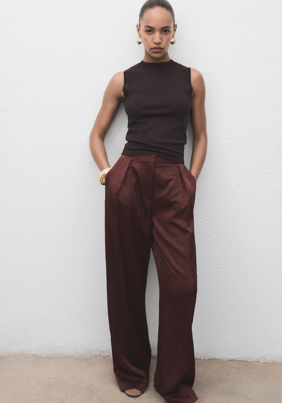 Mango Straight Leg Crinkled Effect Trousers - Brown 5 Shaws Department Stores