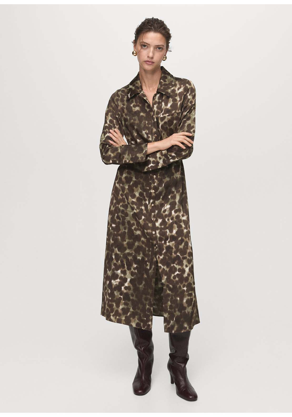 Printed Shirt Dress With Belt - Beige / Green