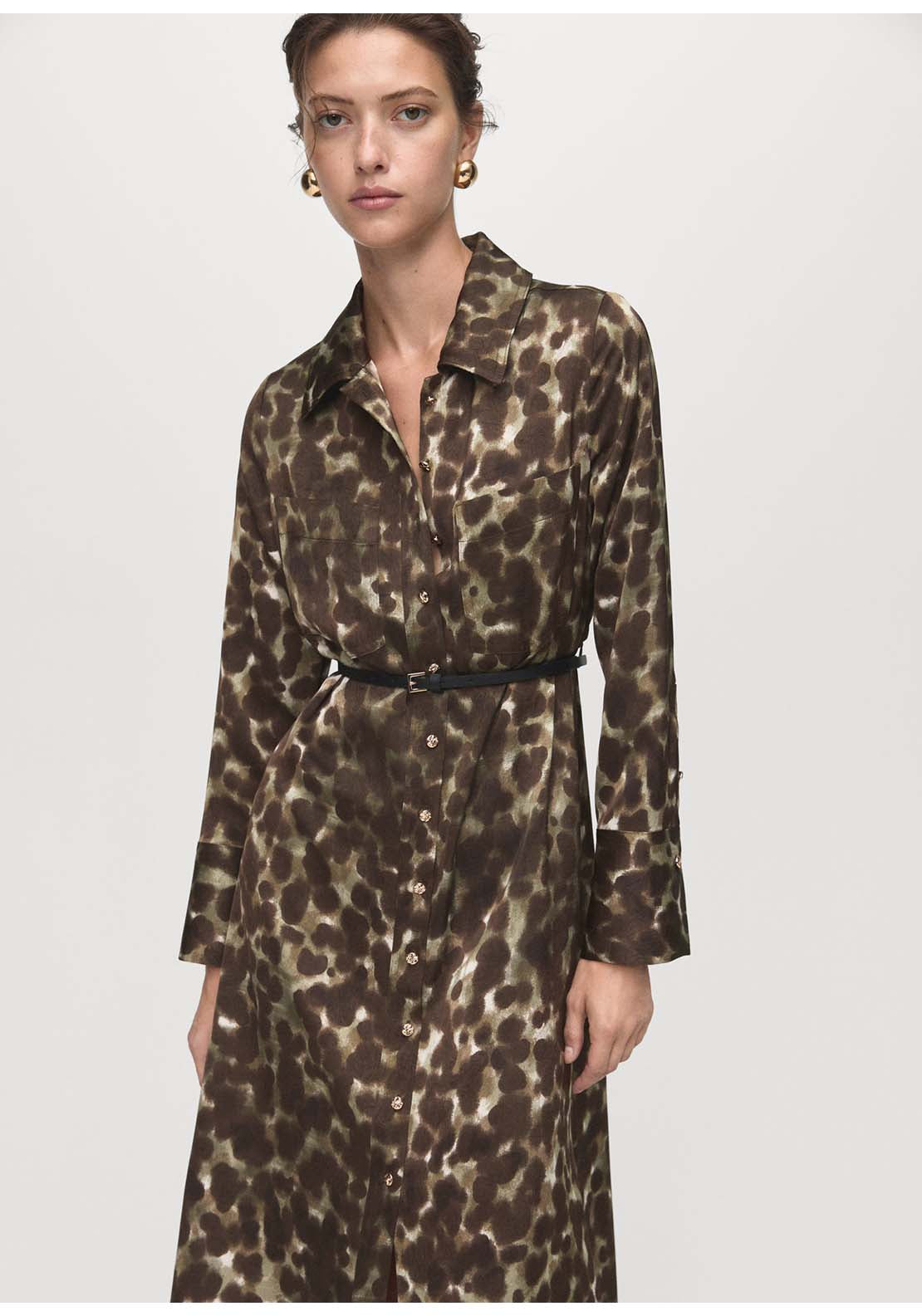 Printed Shirt Dress With Belt - Beige / Green
