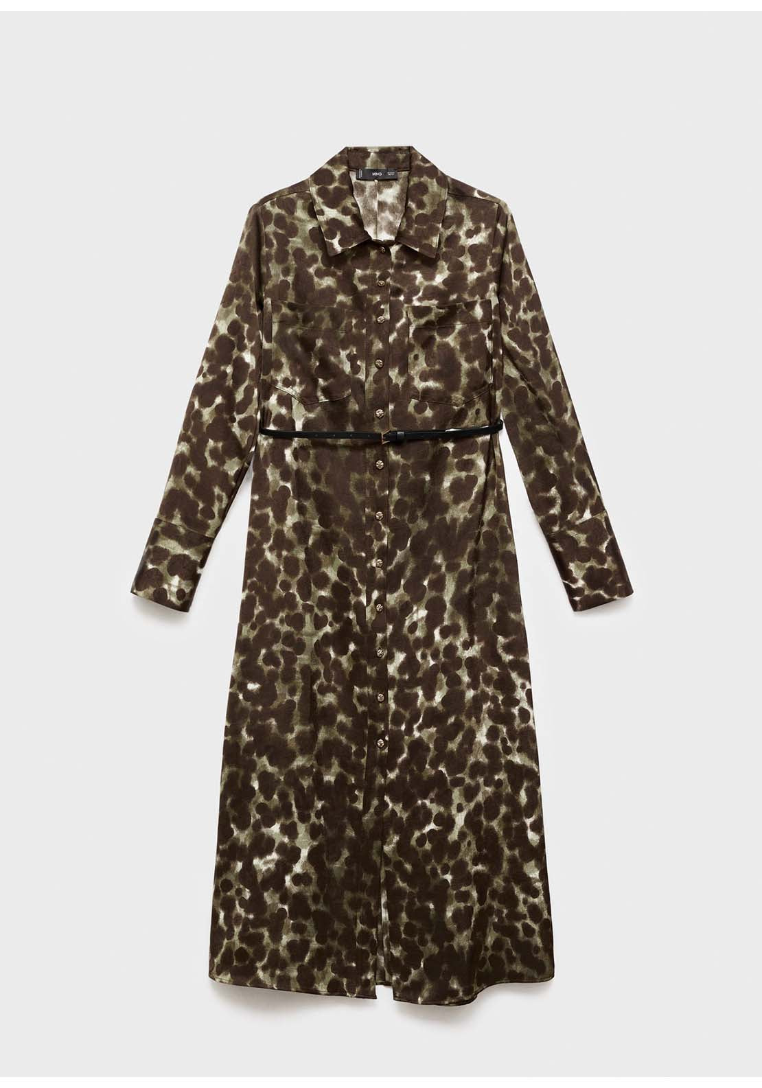 Printed Shirt Dress With Belt - Beige / Green