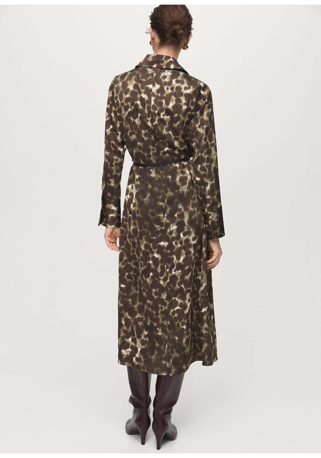 Printed Shirt Dress With Belt - Beige / Green