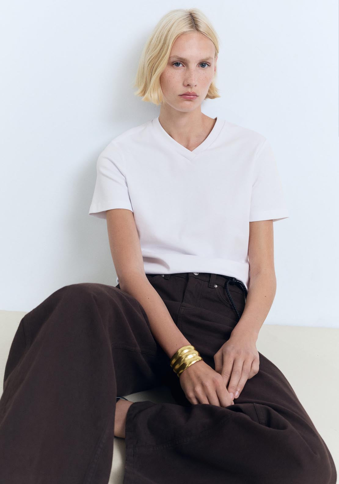 Mango Short Sleeve V Neck T-Shirt - White 4 Shaws Department Stores