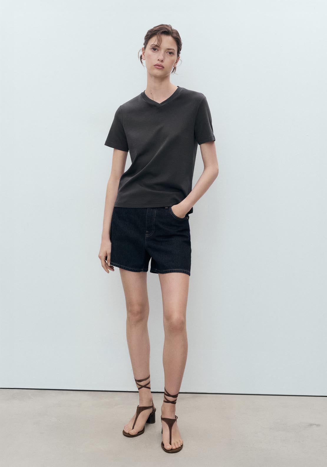 Mango V Neck Cotton T-Shirt - Black 4 Shaws Department Stores