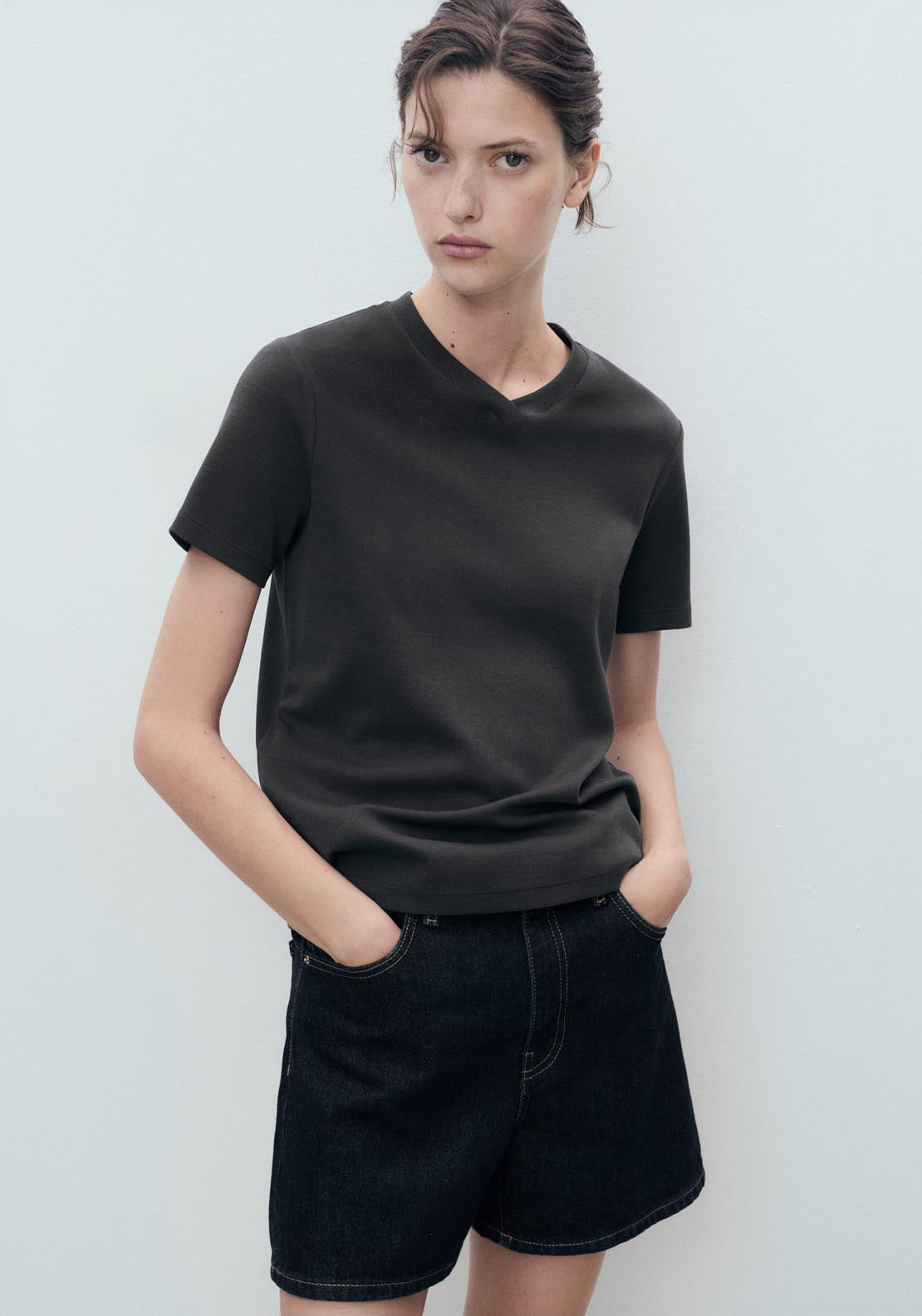 Mango V Neck Cotton T-Shirt - Black 1 Shaws Department Stores