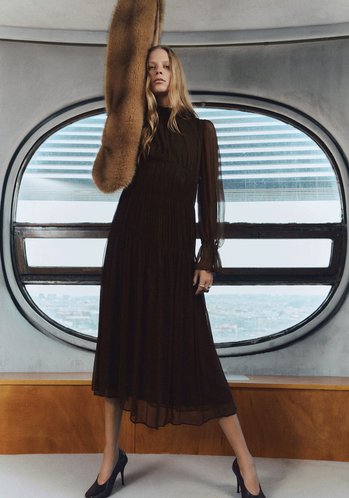 Ruched Chiffon Dress - Brown