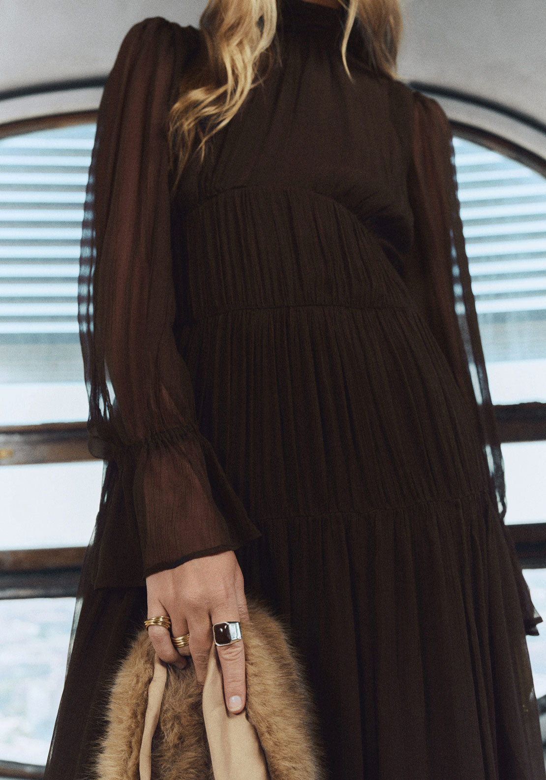 Ruched Chiffon Dress - Brown