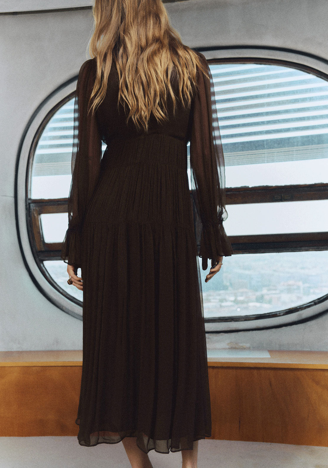 Ruched Chiffon Dress - Brown