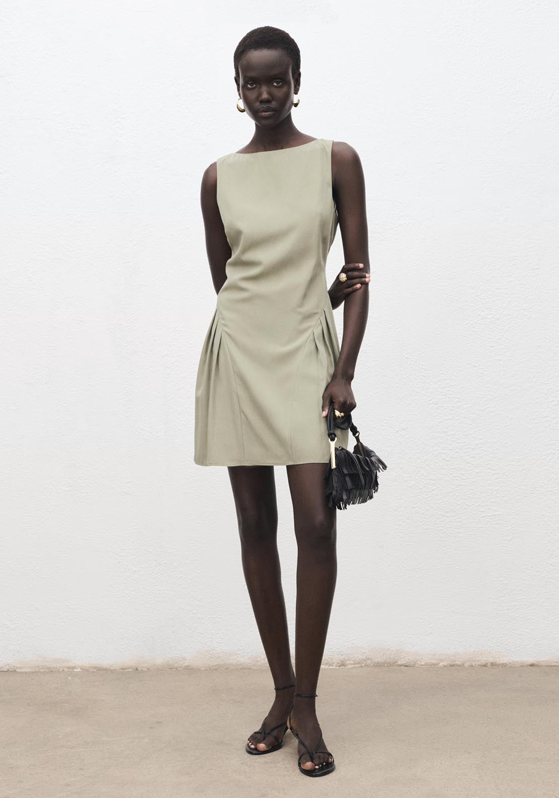 Mango Boat Neck Dress With Pleats - Beige / Green 4 Shaws Department Stores