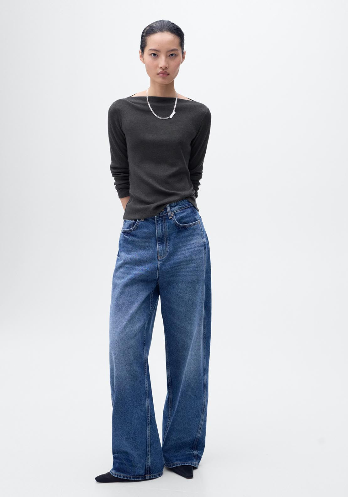 Mango Long Sleeved Boat Neck T-Shirt - Grey 3 Shaws Department Stores